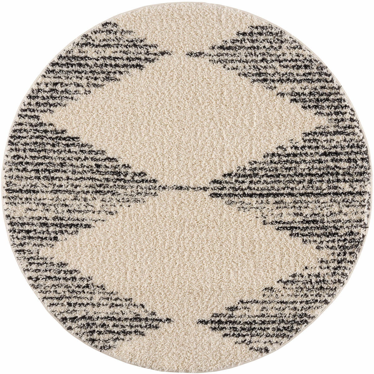 Round plush shag rug with quatrefoil design in beige, gray, and black