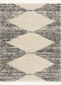 Plush shag area rug with geometric quatrefoil pattern in gray, beige, and black