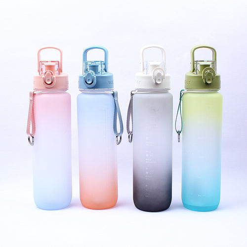 Fitness water bottles in assorted colors with flip-top lids and wrist straps