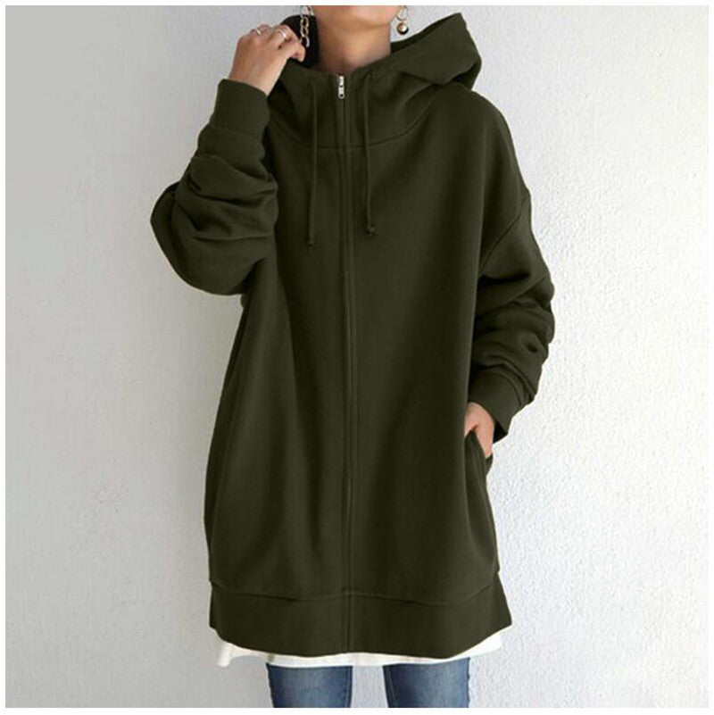 Women’s oversized hooded zip coat in olive green, long sleeves and front pockets
