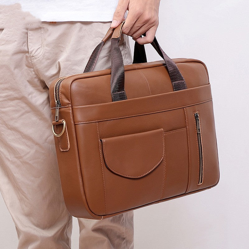 Simple Casual Mens Genuine Leather Handbag Durable Wear Resistant Construction In Brown