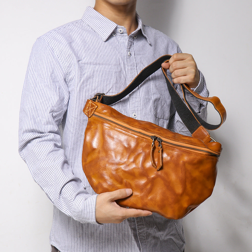 Retro Men's Skull Pattern Leather Crossbody Bag For Outdoor Cycling Vintage Brown First Layer Cowhide Wear Resistant