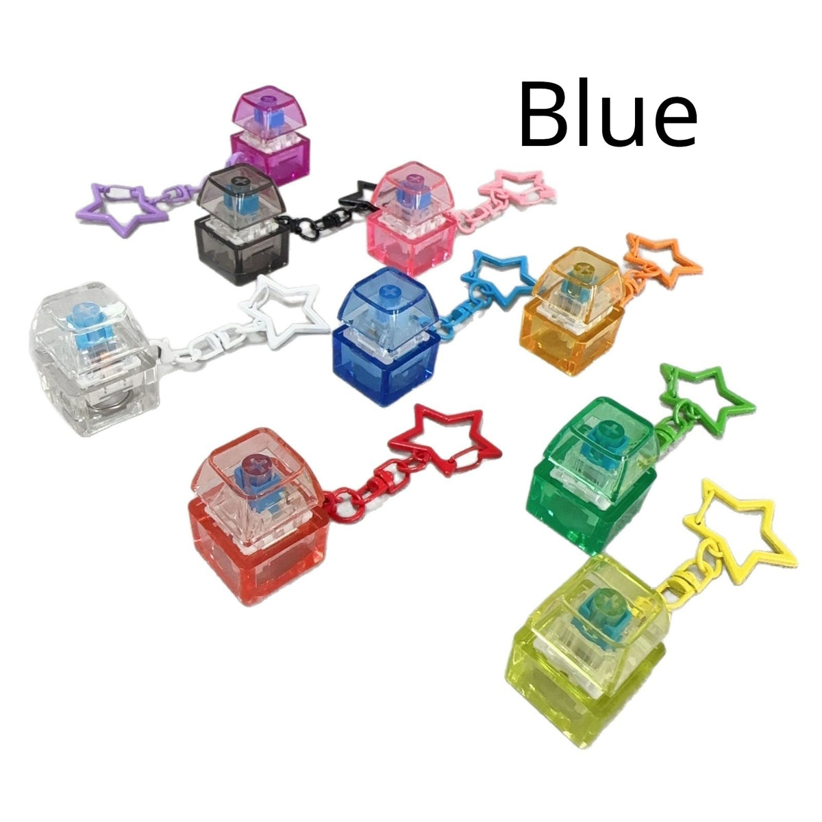 Blue mechanical key stress-relief toy with clear press piece, star charm, chain