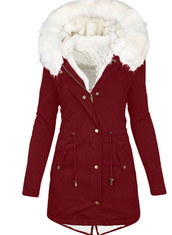 Women’s cotton padded parka, burgundy red with white faux-fur hood collar and button front.