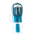 3-in-1 pet travel water bottle in turquoise with translucent lid and hanging wrist strap