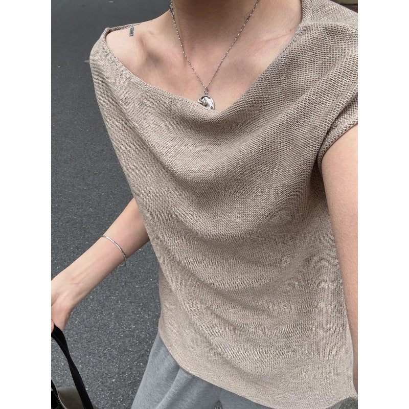 Women's Wool Linen Off-Shoulder Blouse - 3D Cut Short Sleeve Top