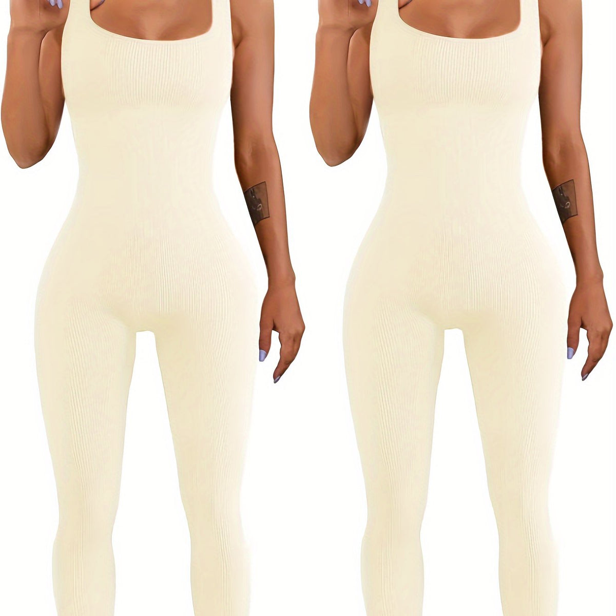 Women's sleeveless spandex workout bodysuit, light cream, scoop neck, ribbed knit, close-up