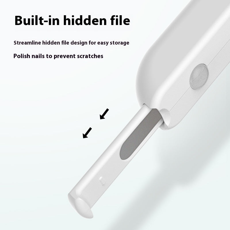 White LED pet nail clipper with built-in hidden file on the blade side
