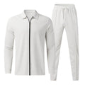 Men's zip cardigan tracksuit set in white, featuring matching jogger pants with elastic waist.