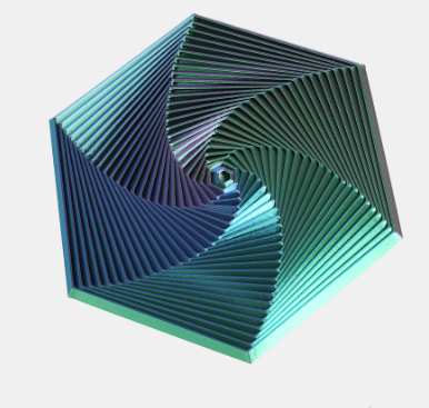 Hexagon sensory fidget toy with blue and green spiral ridges and a small dark center.