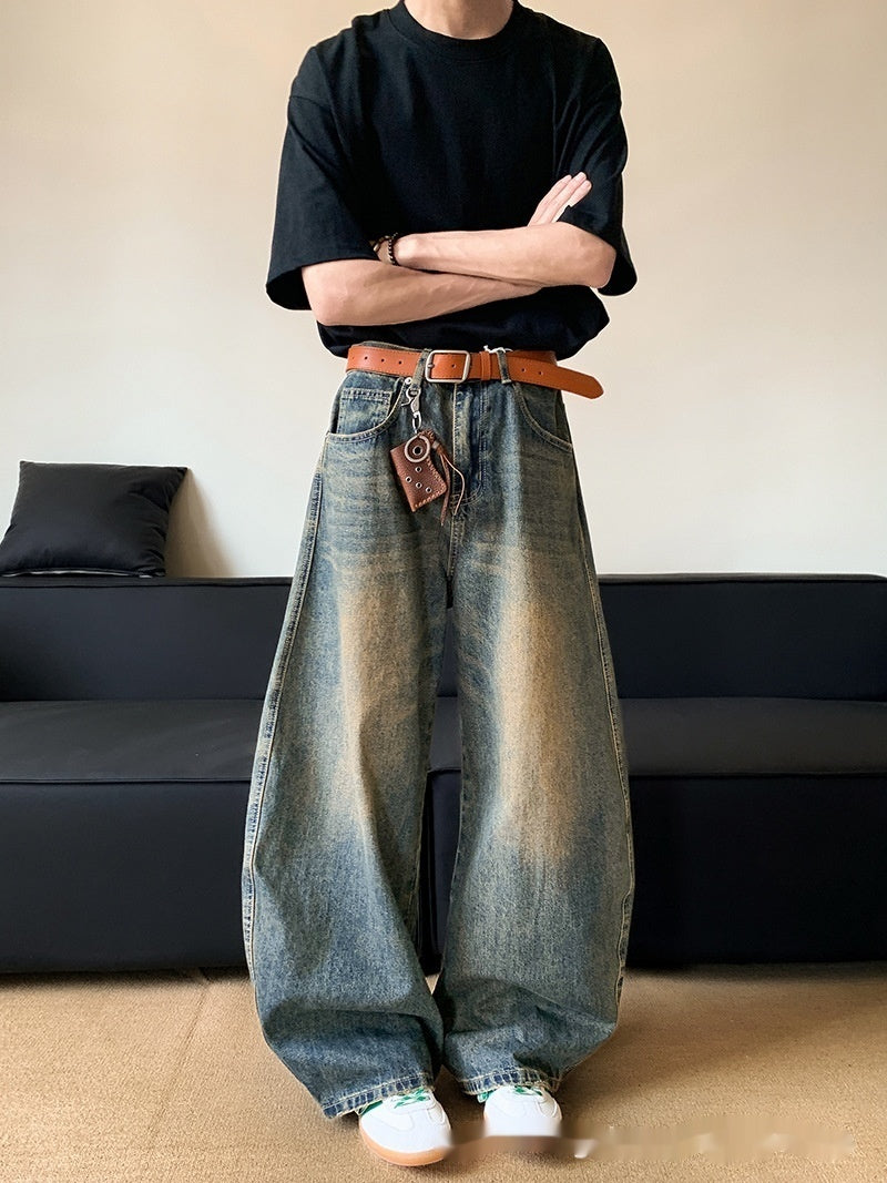 Summer American Retro Distressed Machete Denim Slimming Wide-leg Pants For Men