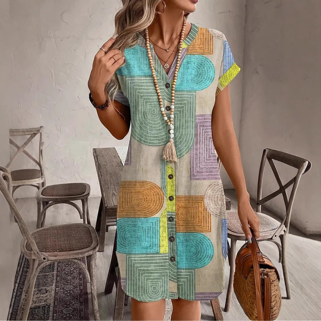 Multi-color woven V-neck button dress with short sleeves and geometric circle print