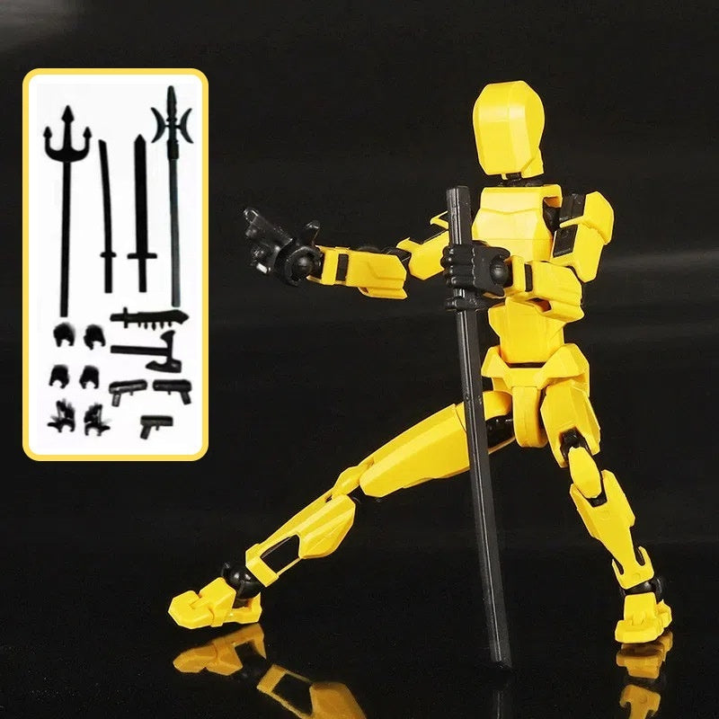 Yellow articulated robot action figure posed with rifle and parts card