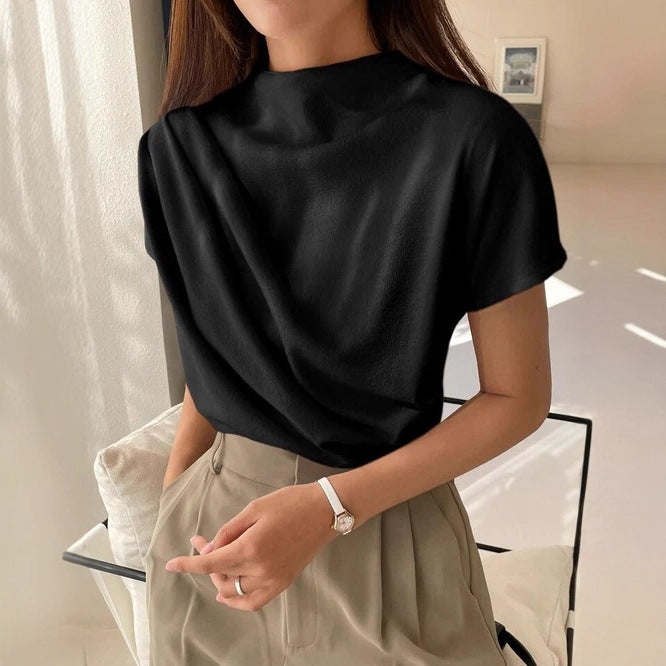 Women's Round Neck Draping Summer Blouse - Simple Short Sleeve