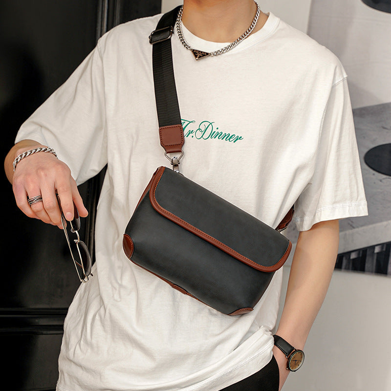 Korean Casual Fashion Chest Crossbody Bag Waterproof PU Leather For Men Available In Black Coffee Khaki Gray Plaid
