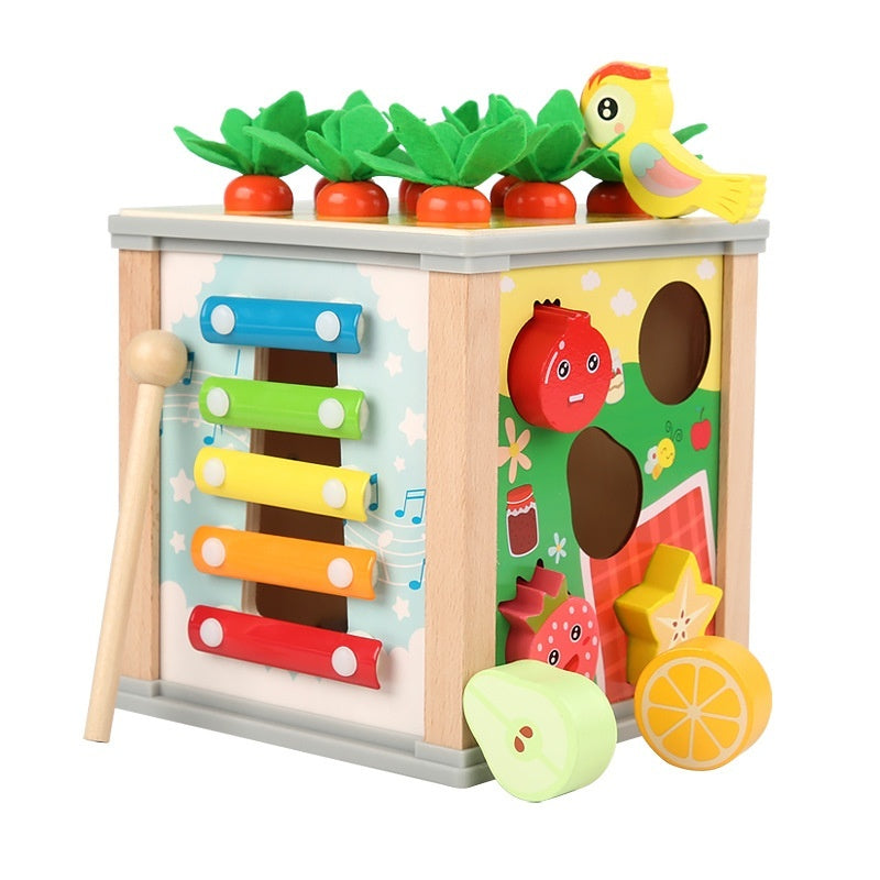 Wooden activity toy cube with colorful xylophone bars and fruit-shaped blocks