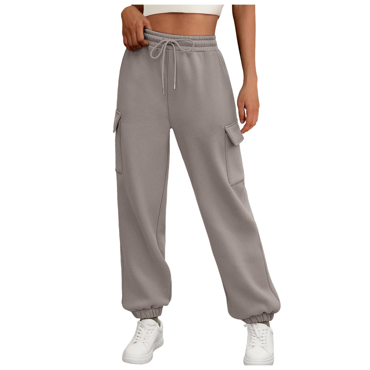 Women’s baggy cargo jogger sweatpants with drawstring waist, side pockets, light gray