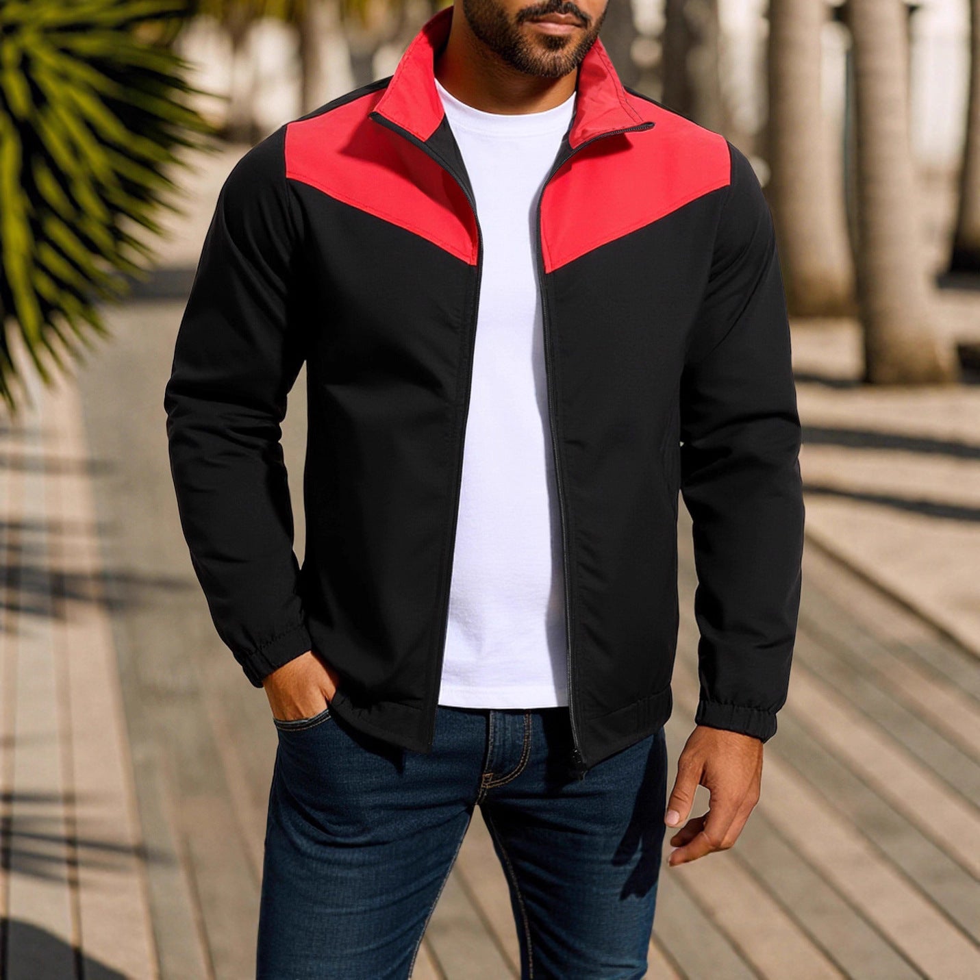 Men's Windproof Jacket High Collar Color Matching Zipper Jacket