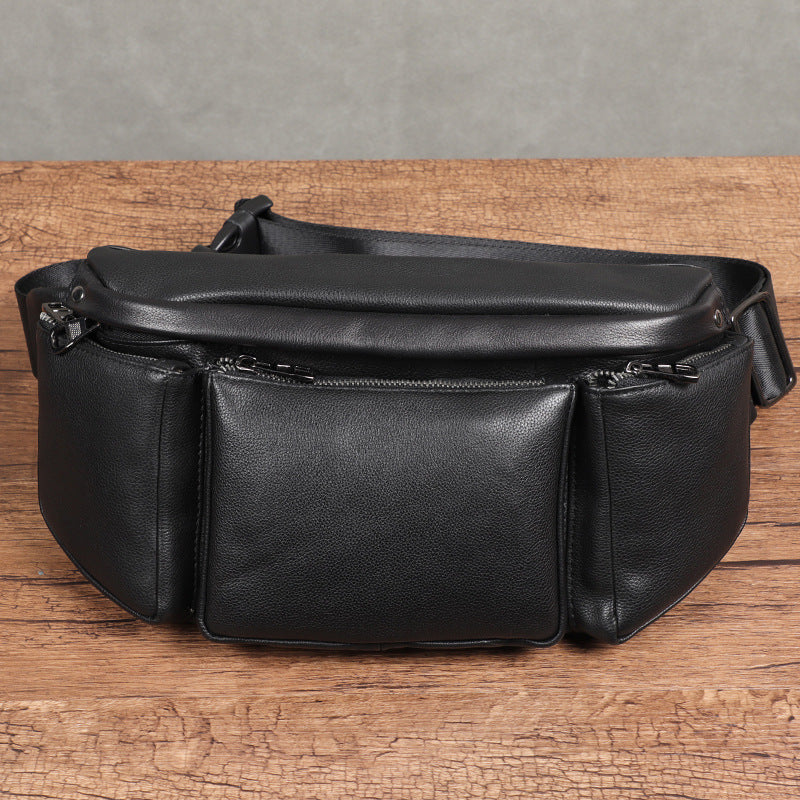 Black Genuine Leather Shoulder Bag Anti Theft Casual Messenger Bag Trendy Oversized Capacity For Travel