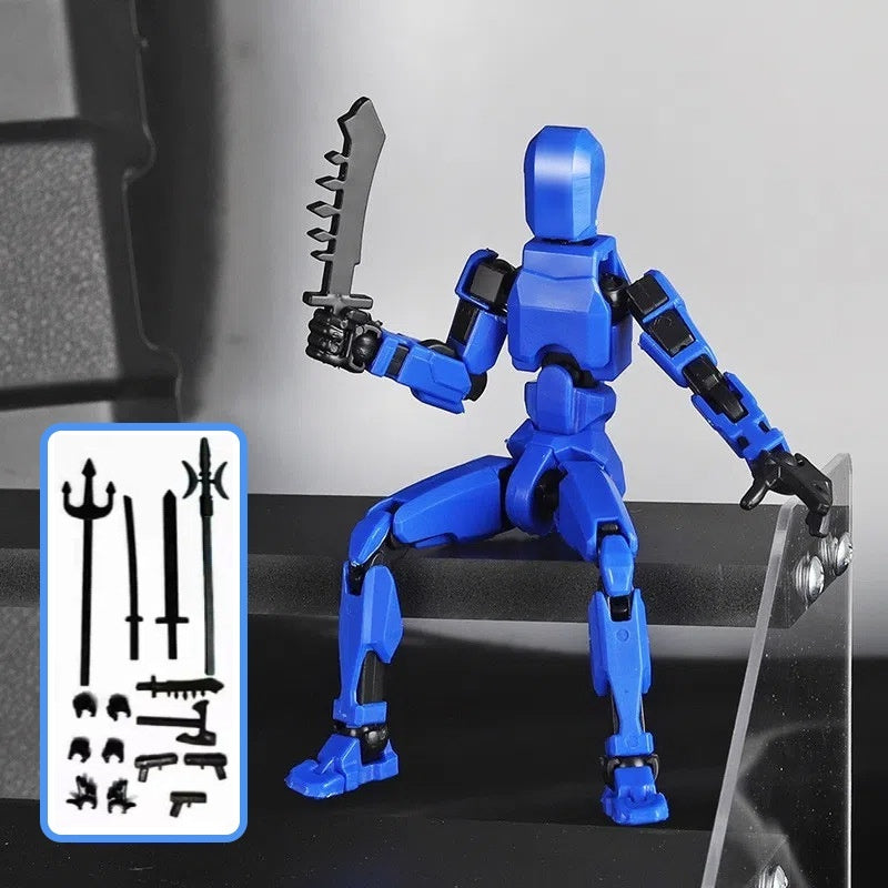Blue articulated robot action figure with sword accessory and parts card