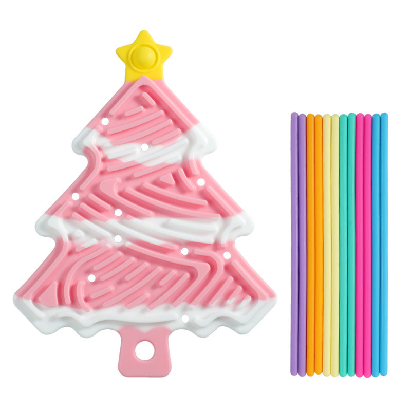 Pink Christmas tree sensory board with yellow star top plus rainbow plastic straws