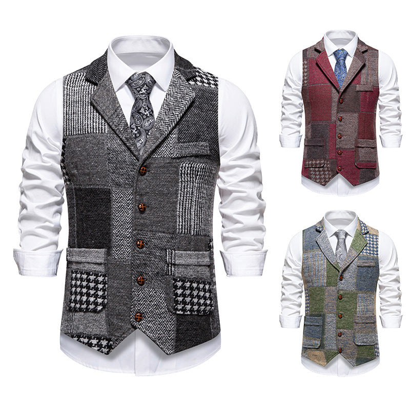 Retro Patchwork Lapel Men's European Size Suit Vest