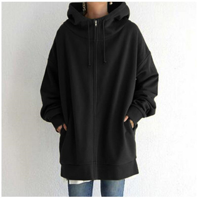 Women’s oversized hooded zip coat in black with drawstring hood and front zipper