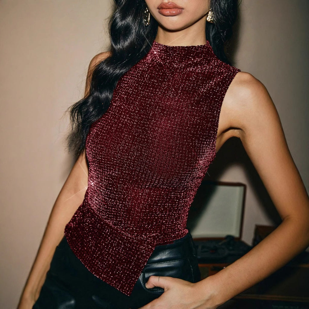 Sleeveless Rhinestone Vest For Women Slim Fit Partywear In Black Gold Wine Red Polyester