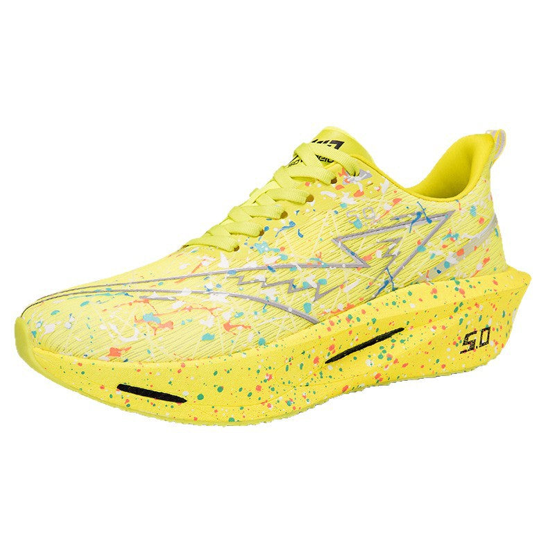 Iridescent patchwork running sneakers, neon yellow low-cut silhouette with holographic pattern