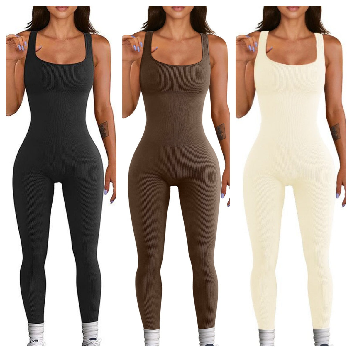 Black, coffee brown, and white sleeveless spandex workout bodysuits, fitted one-piece tanks.