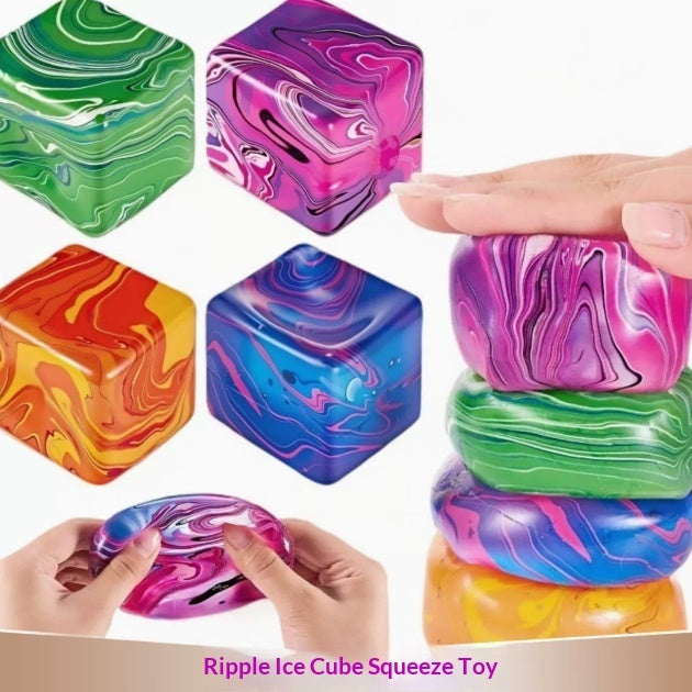Marbled ice-cube squeeze toy set with stacked square cubes in multiple colors
