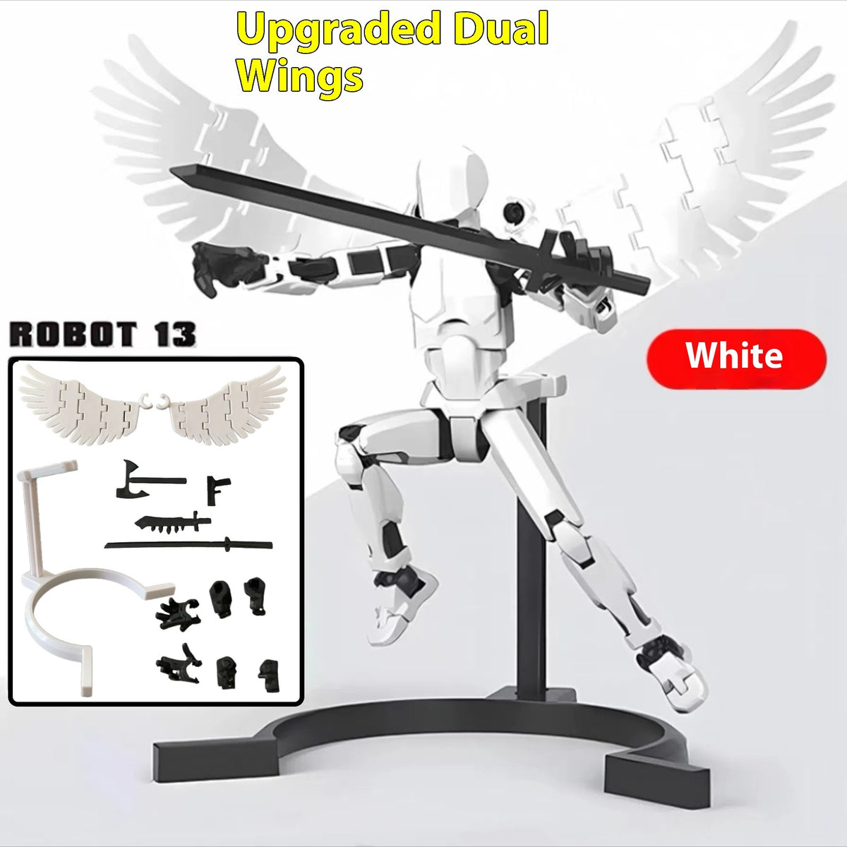 White 3D printed robot action figure with upgraded dual wings on a black base stand