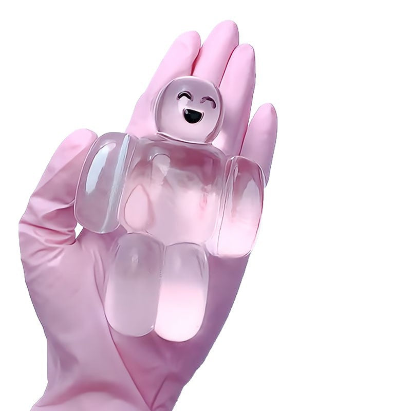 Transparent pink robot stress relief squeeze toy, front view with rabbit ears and big paws