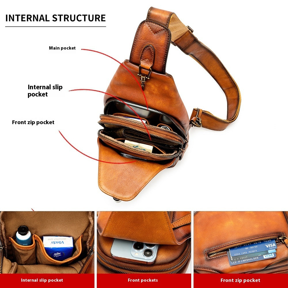 Retro Cattlehide Leather Fashion Multifunctional Leisure Bag For Daily Use In Light Brown, Black, Or Brown