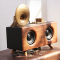 Retro wood-grain Bluetooth speaker with twin woofers, gold horn, and noise reduction logo