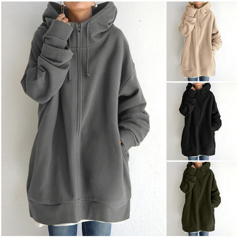 Women’s oversized hooded zip coat in gray with drawstring hood and front zipper