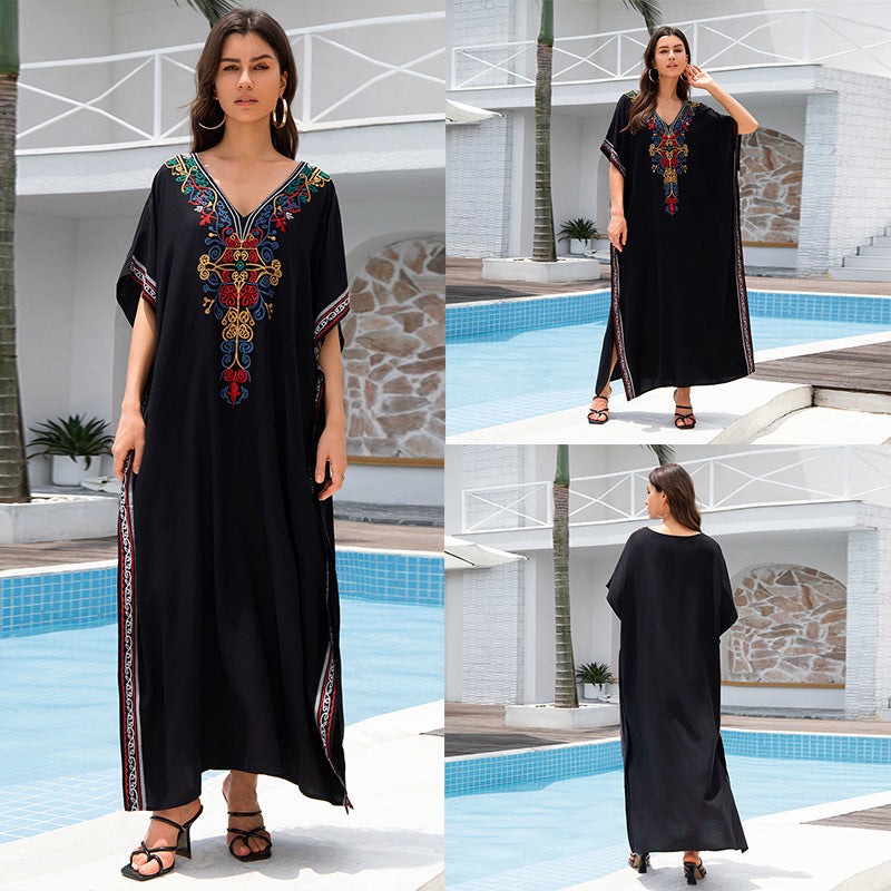 Outerwear Cover-up Rayon Embroidery Plus Size Long Dress Women