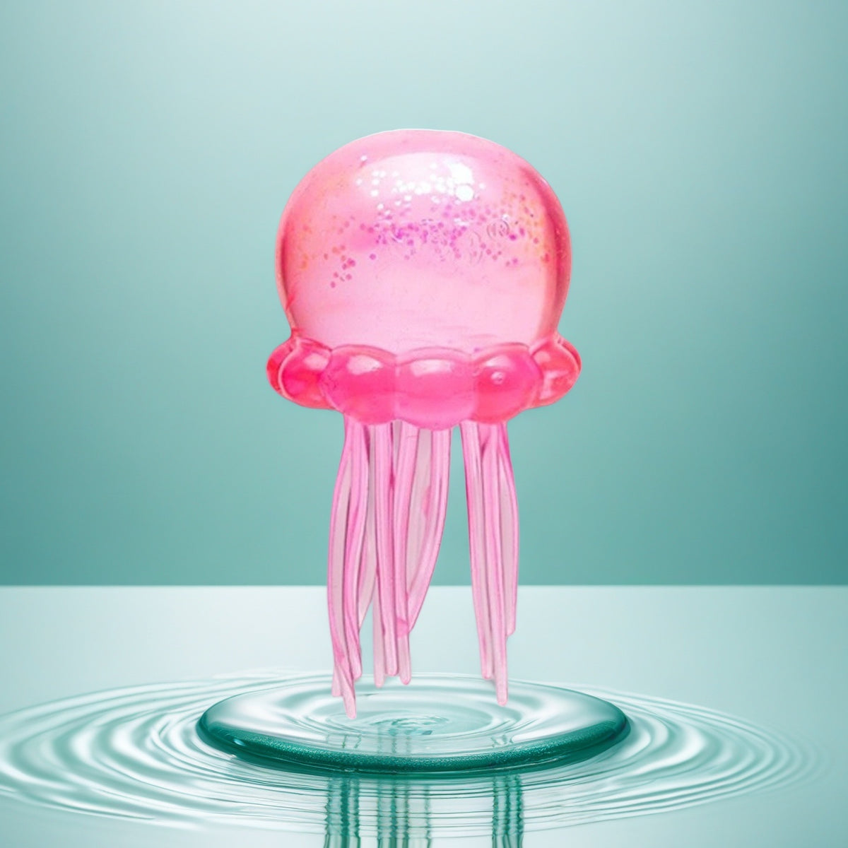 Pink octopus squishy toy with glittery head and long translucent dangling tentacles