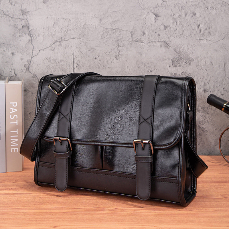 Trendy Korean Style Anti Theft Commuter Backpack for Men PU Leather Black with Sewing Thread Details