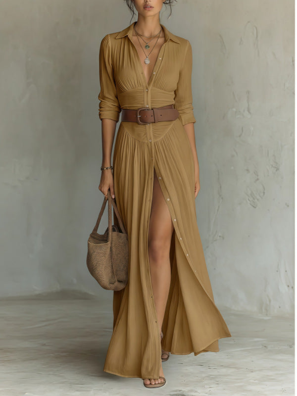 Brown V-neck maxi dress with high side slit, gathered waist, button front