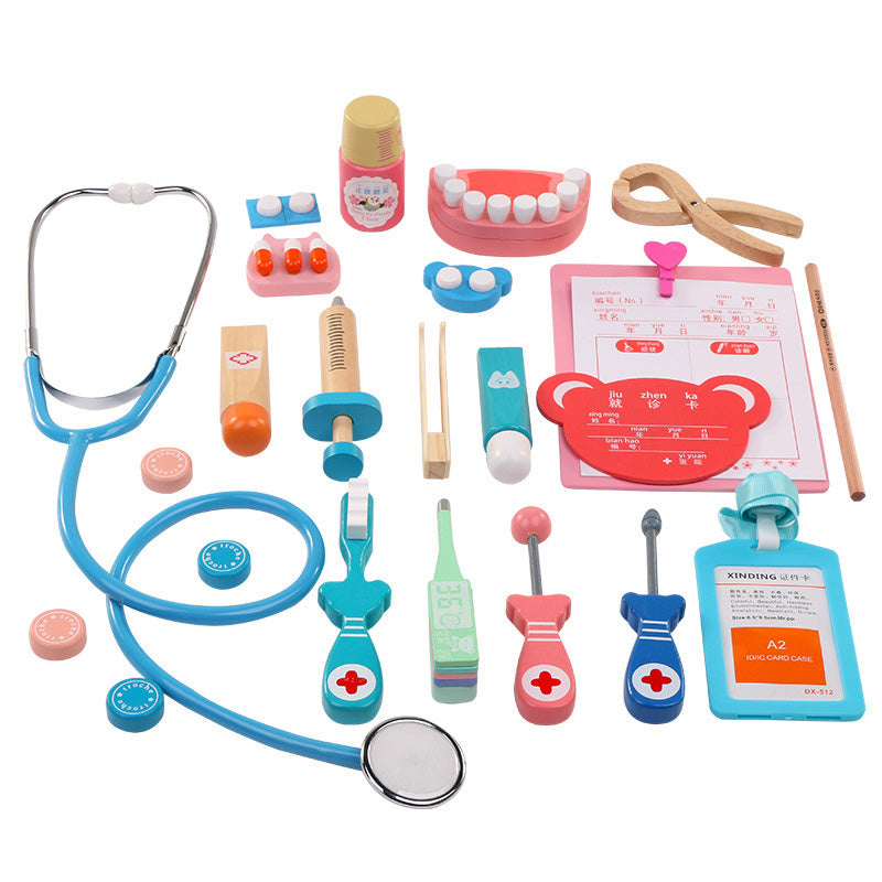 Doctor toy set with blue stethoscope and assorted medical tools for pretend play