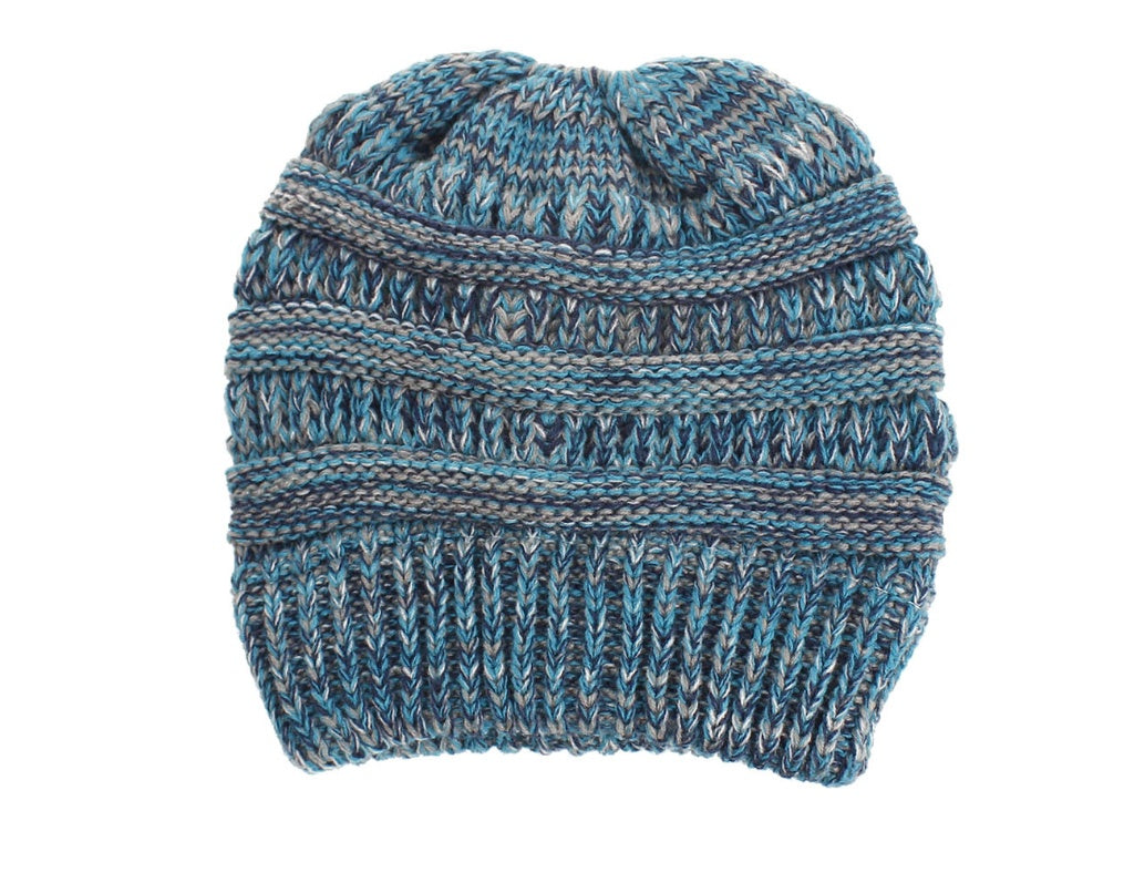 Mixed Color Knitted Wool Beanie - Ladies Ponytail Hat