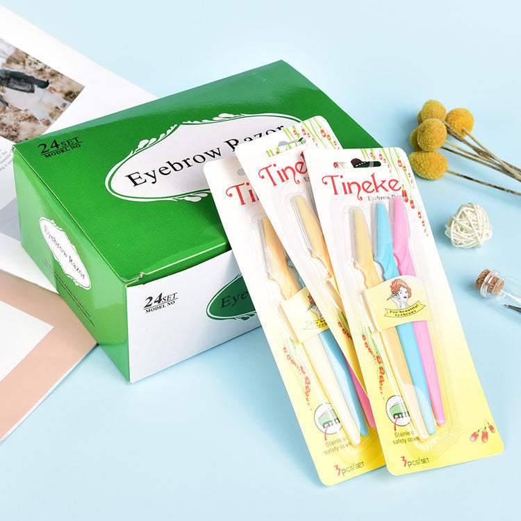 Stainless Steel Eyebrow Shaping Tool Set With 3 Sticks Eyebrow Trimmer Kit In Blue Yellow Pink