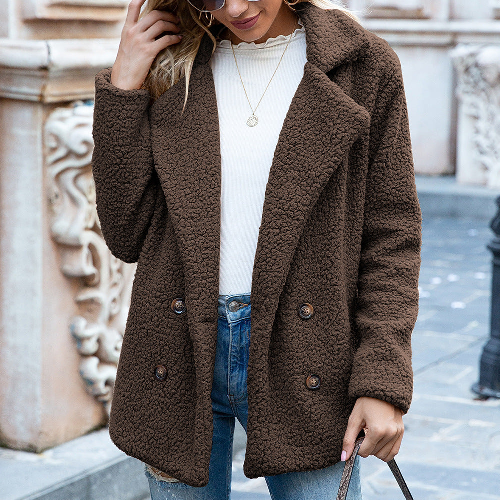 Camel brown fluffy lapel button coat jacket with long sleeves, double-breasted front