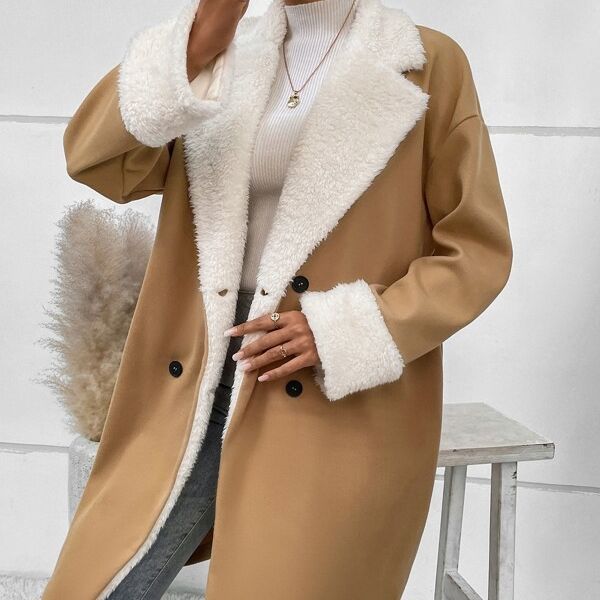 Women’s tan wool coat with white faux-fur lapels, double-breasted black buttons, long sleeves