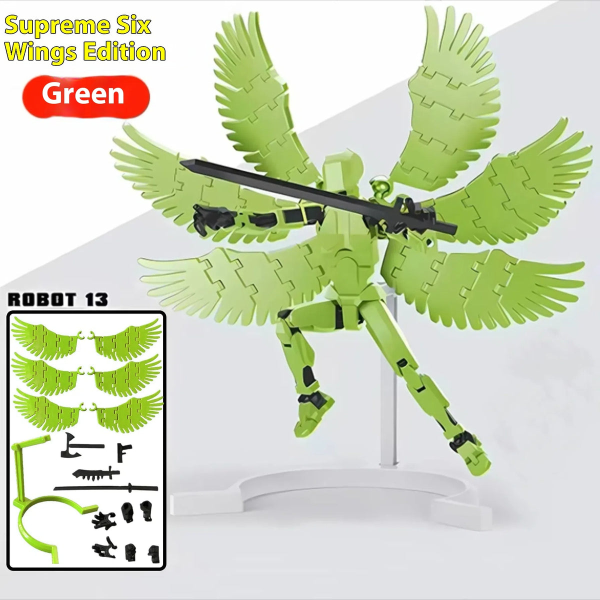 Green 3D printed robot action figure with large dual wing arrays on a stand