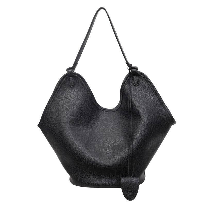 Women’s PU bucket tote bag with lychee-grain texture, black, dual shoulder handles