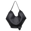 Women’s PU bucket tote bag with lychee-grain texture, black, dual shoulder handles