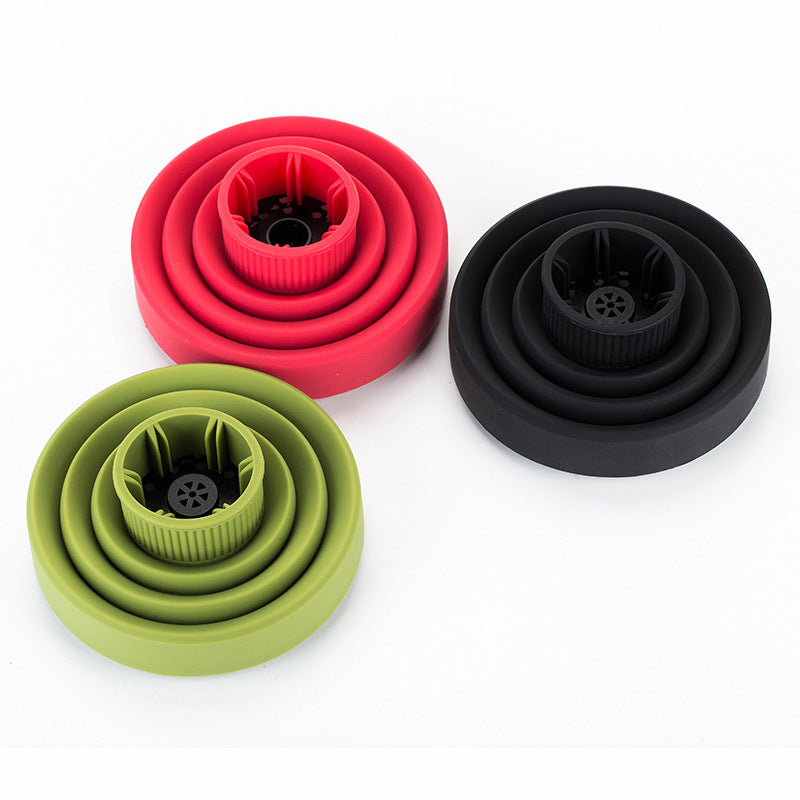 Silicone folding hair diffuser set: red, black, and green round mesh screens