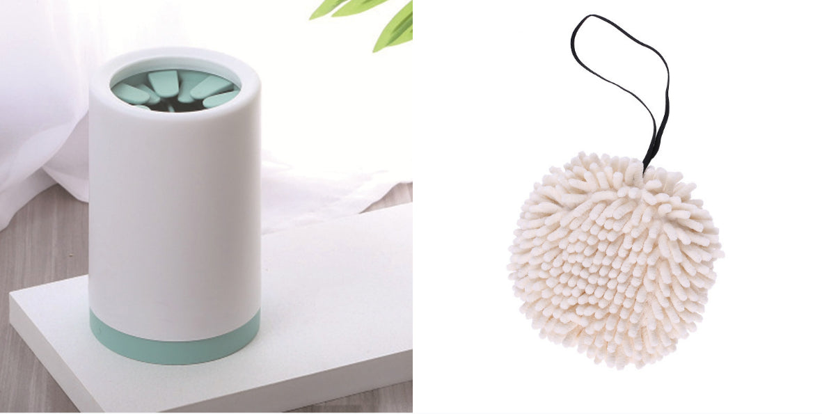 White paw cleaner cup with green silicone bristle insert and hanging scrub ball